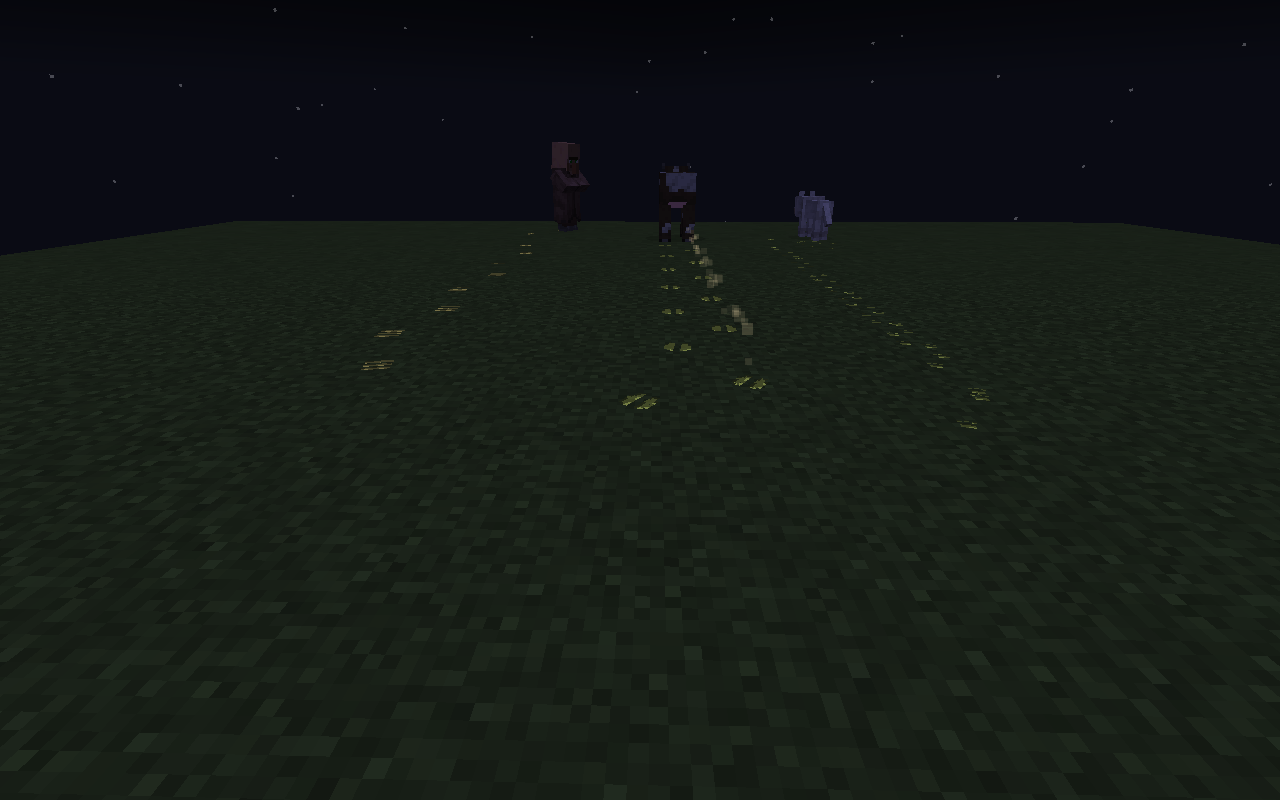 Three trails on grass at night through the goggles: a villager, a cow and a wolf. The prints glow faintly.